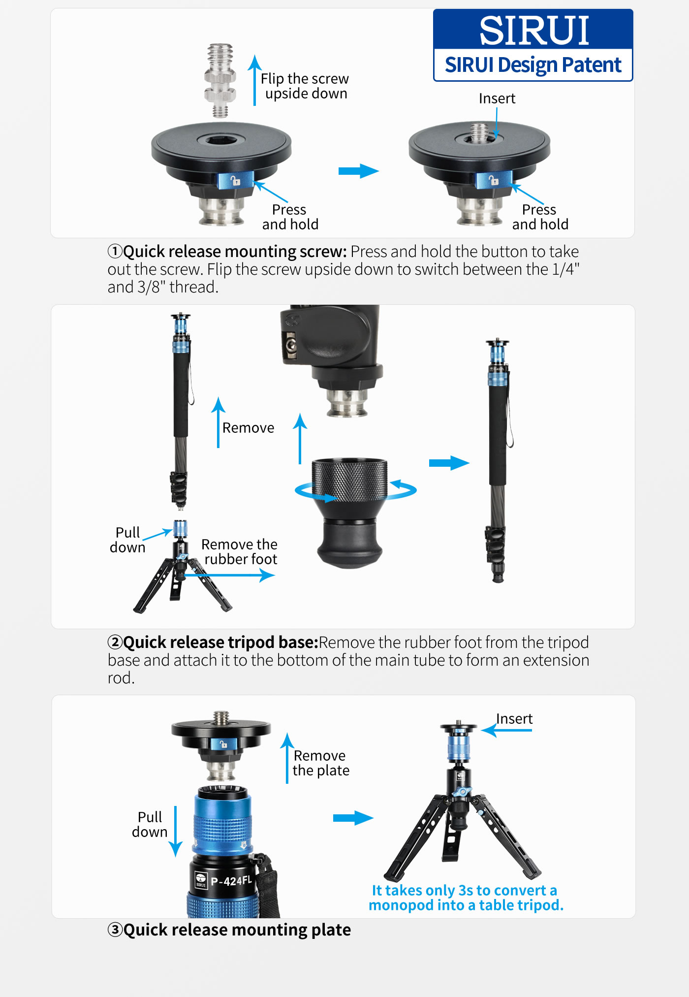 The monopod features a quick-release system
